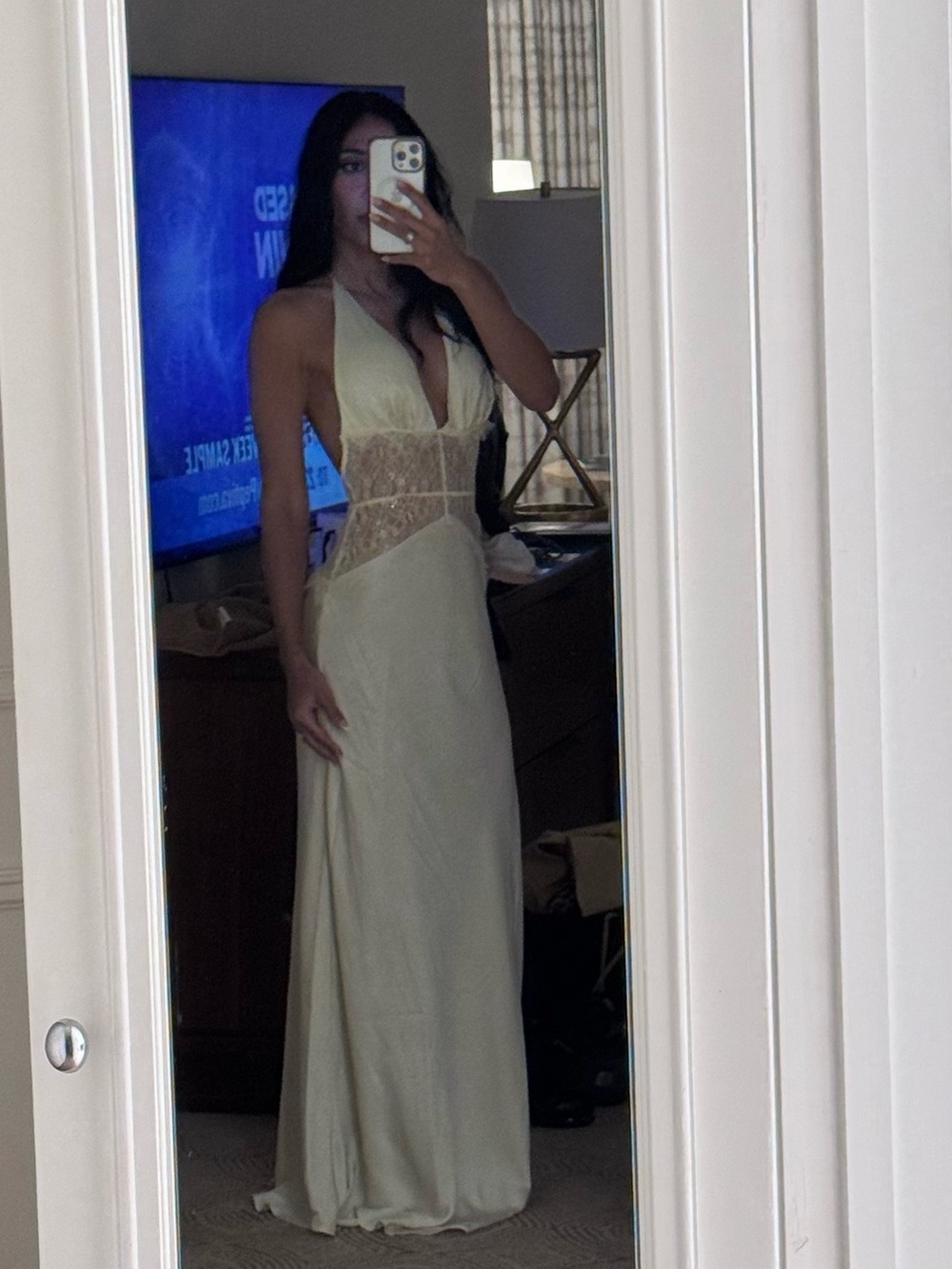 Dinah Meshki Pale Yellow Halter Lace-Panel Maxi Dress - Picture 4 of 5